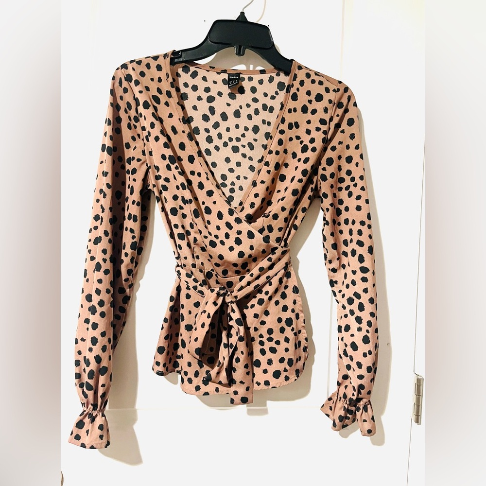 SHEIN Brown Polka Dot Wrap Blouse